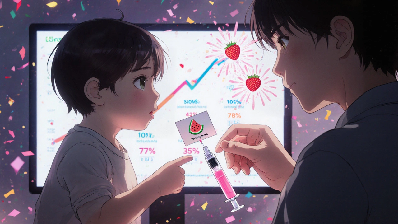 A toddler points to a watermelon flavor choice while a pharmacist prepares their medicine with a smiling parent nearby.