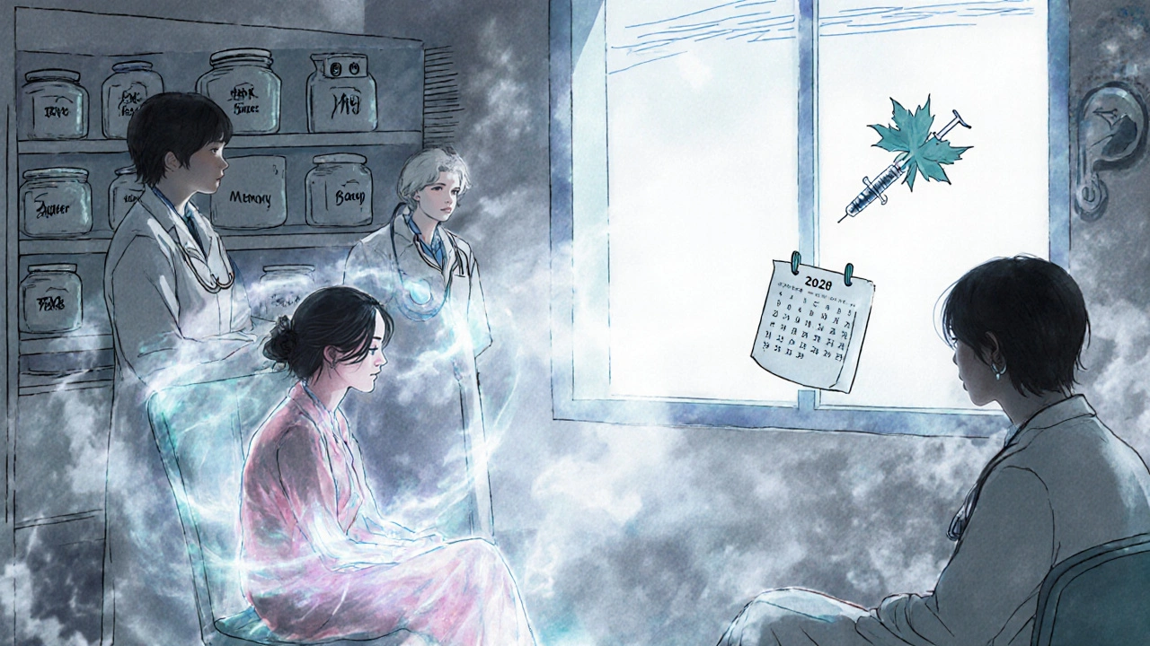 A woman in a long COVID clinic surrounded by swirling fatigue and brain fog, with doctors scanning her aura.