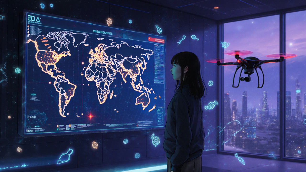 Analyst monitoring AI-powered contamination risk map with floating pathogen DNA and sensor data in control room.