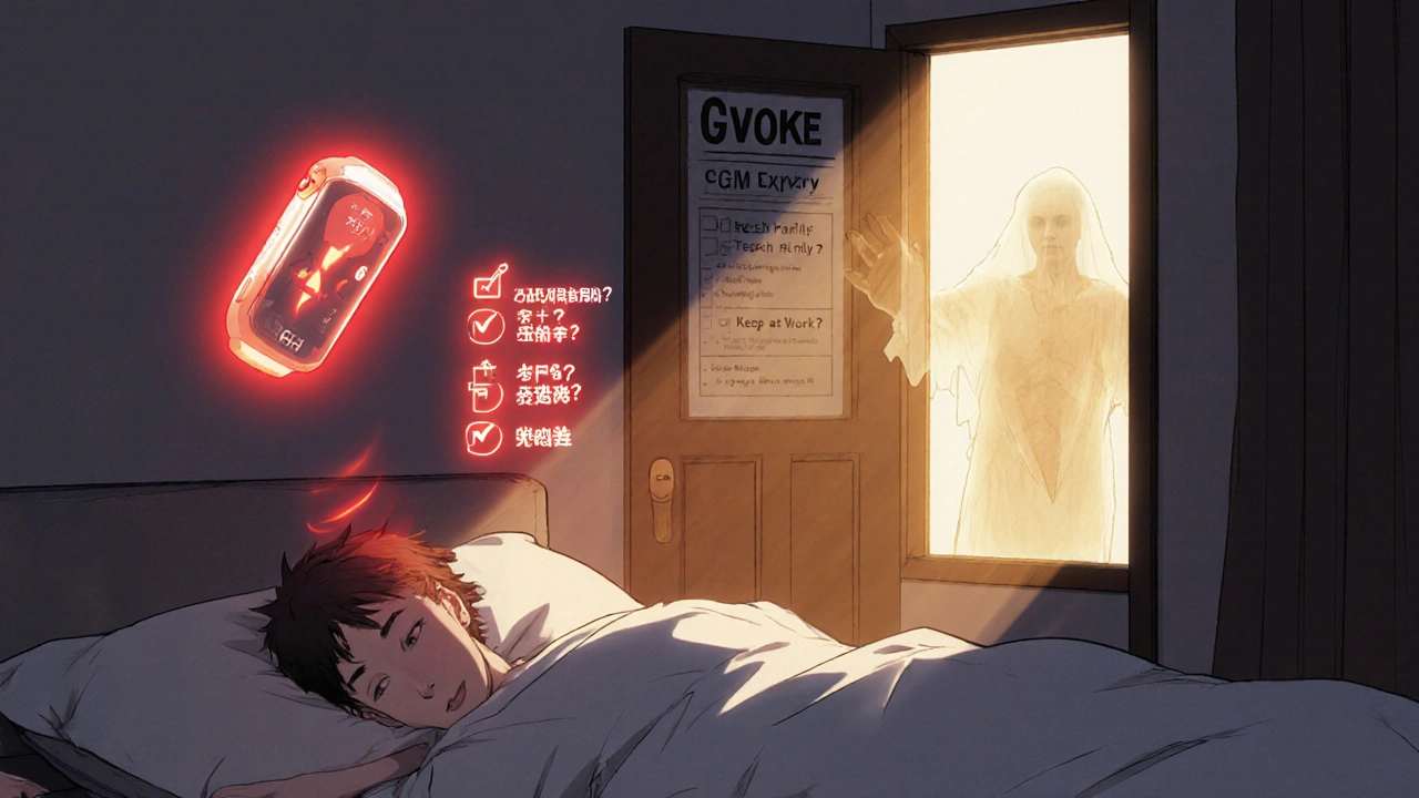 CGM alarm alerts teenager at night, glucagon device nearby with prevention checklist, symbolic future risk looming.