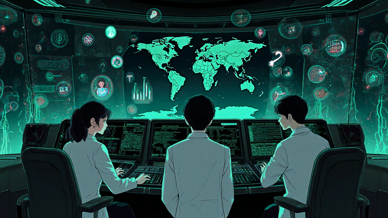 Digital control room with AI analyzing global vaccine side effect data in real time