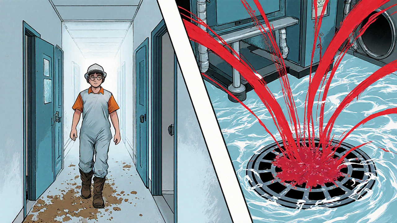 Dirt from boots spreading bacteria from hallway to floor drain, invisible contamination spreading toward production equipment.