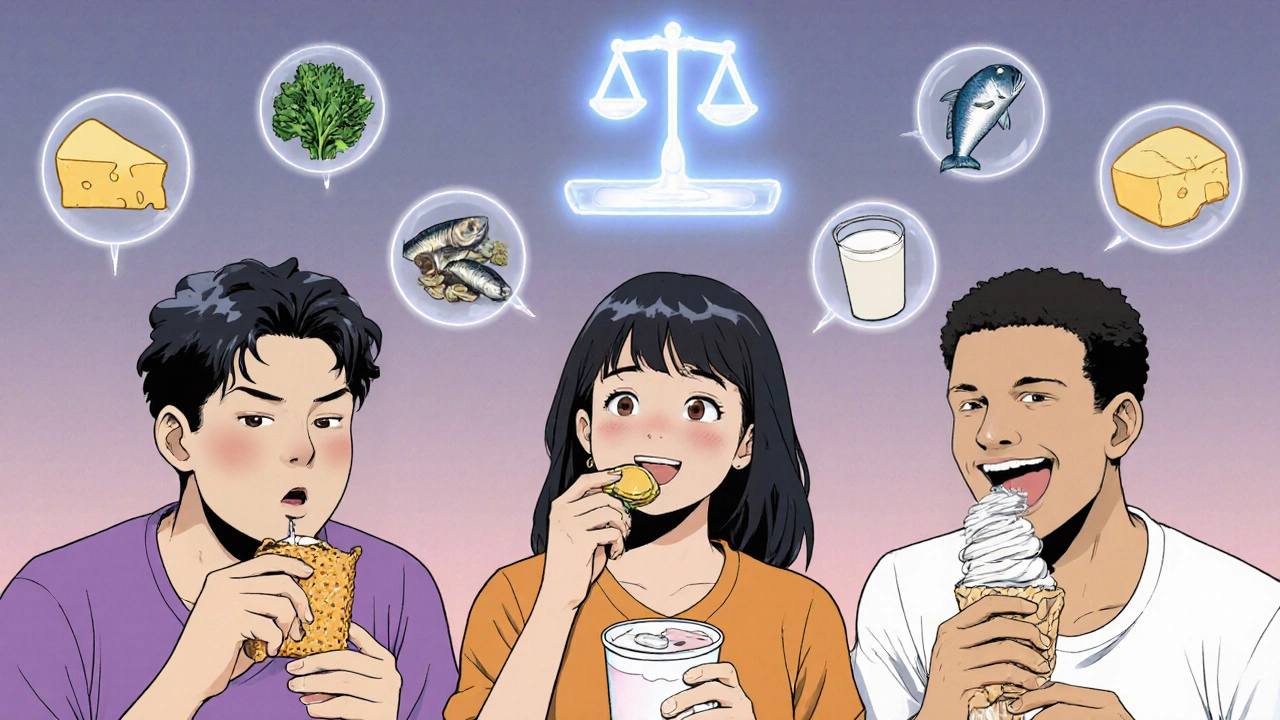 Diverse individuals enjoying tolerated dairy and calcium-rich foods with floating nutrient icons.