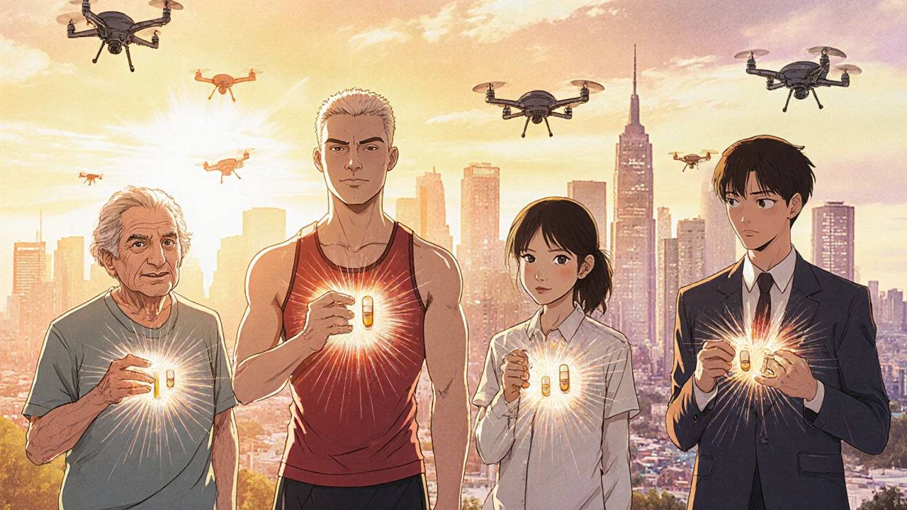 Diverse patients glowing with identical energy waves, symbolizing equal drug effectiveness.