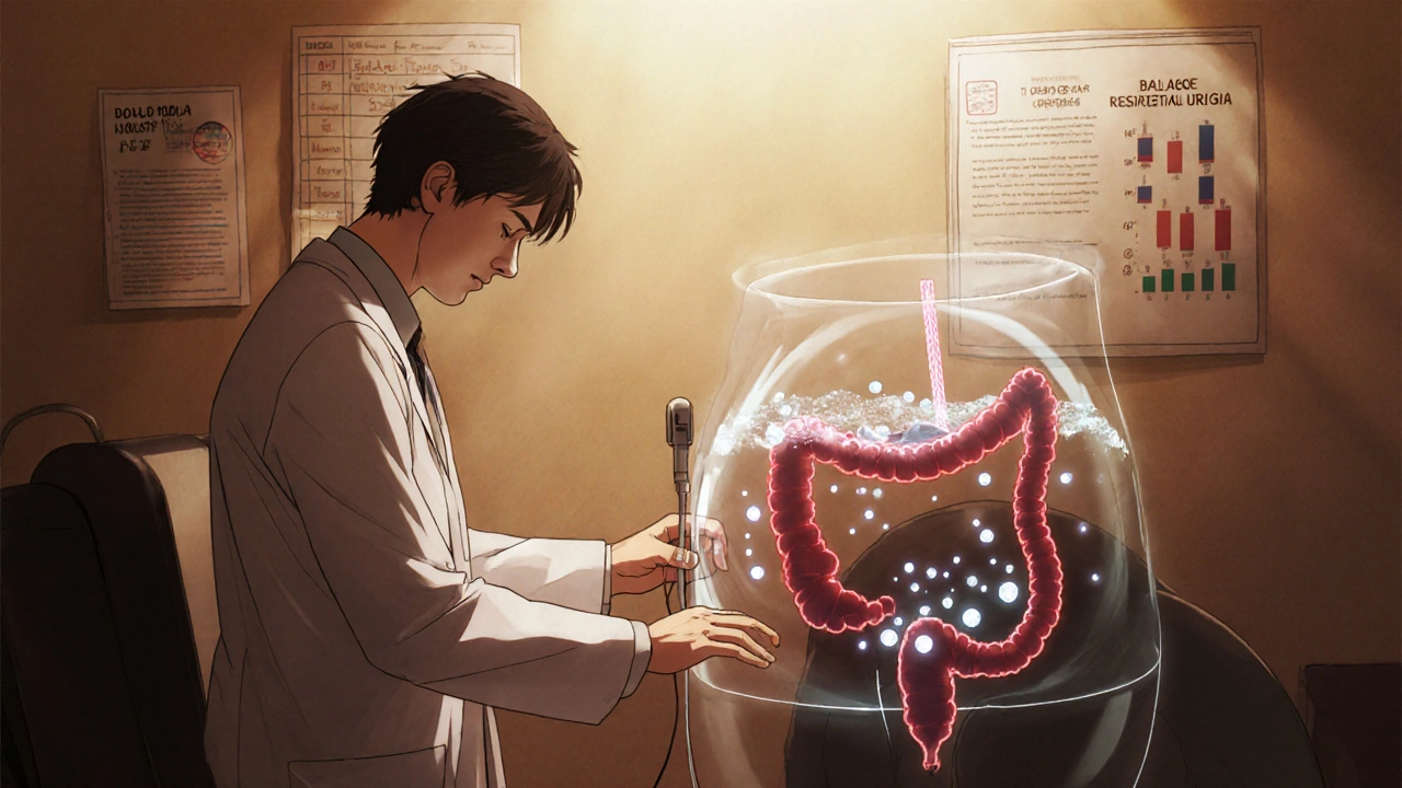 Doctor performing ultrasound to measure urine left in bladder after voiding.