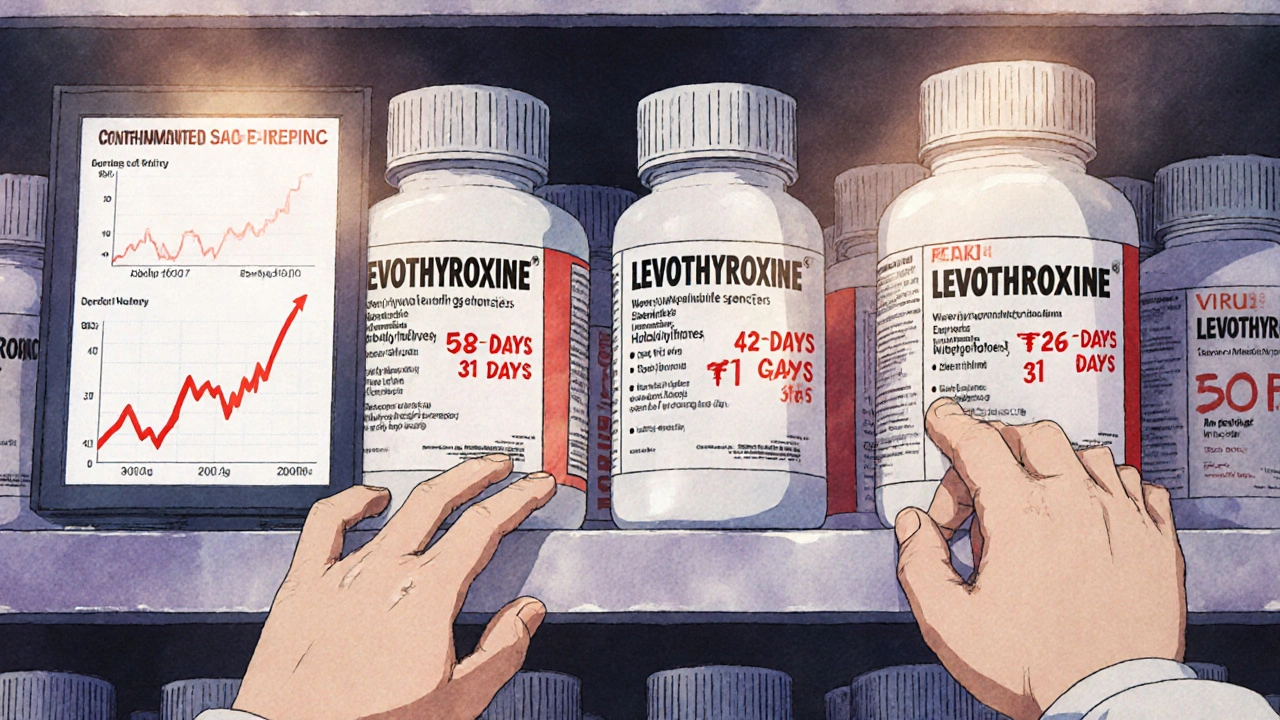 Hands placing three levothyroxine bottles with expiry countdowns on a pharmacy shelf.