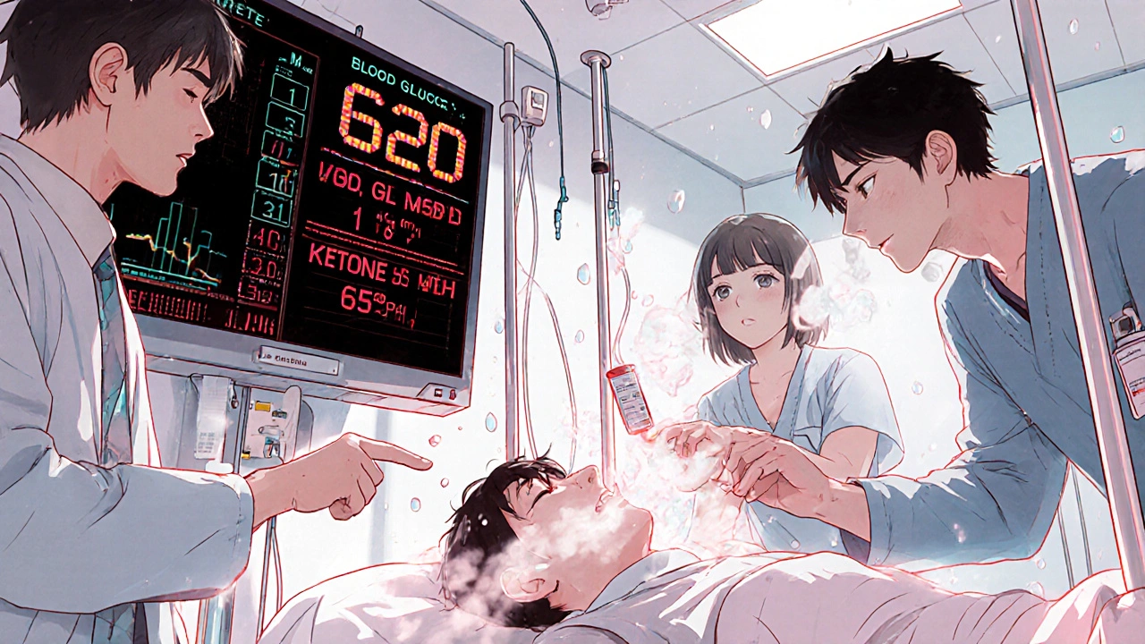 Medical team treating diabetic patient in ER with high blood sugar and ketones, IV fluids and monitors glowing.