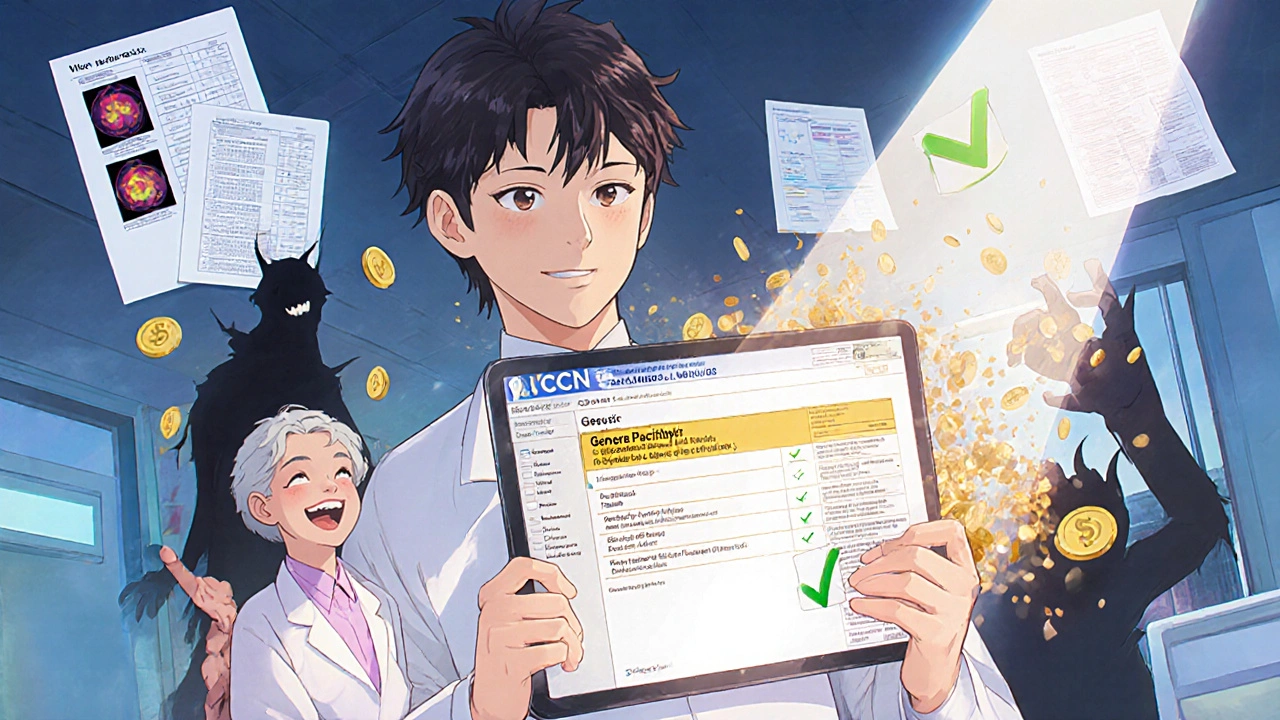 Oncologist shows NCCN guidelines approving generic cancer drug, patient smiles as tumor scans improve in background.