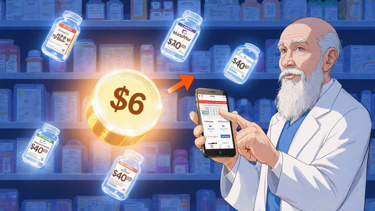 Patient comparing drug prices on phone in pharmacy, glowing cheapest generic pill highlighted among others.