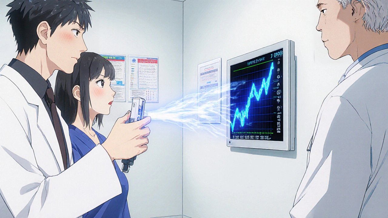 Patient taking a hydrogen breath test as a doctor monitors a digital spike in hydrogen levels.