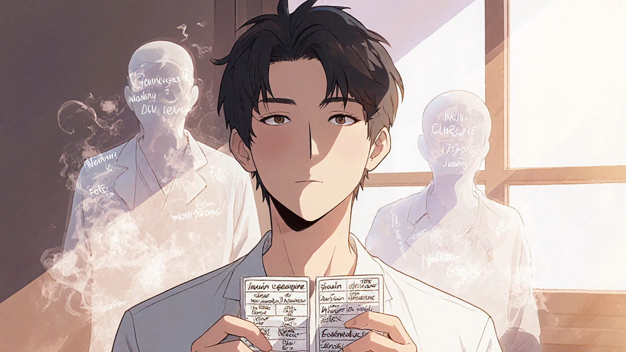 Patient with labeled pill organizer as ghostly medication names fade away in sunlight, symbolizing safe medication use.