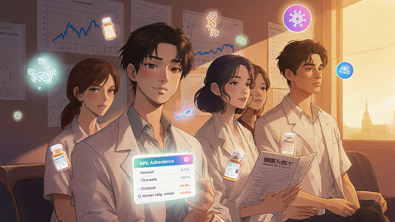 Patients in a clinic hold smart pill bottles with adherence stats as a pharmacist offers support.