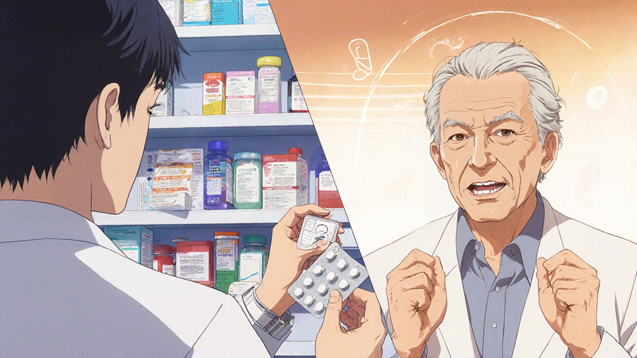Pharmacist giving a combination pill to an older man, with split-screen contrast of past chaos and present calm.