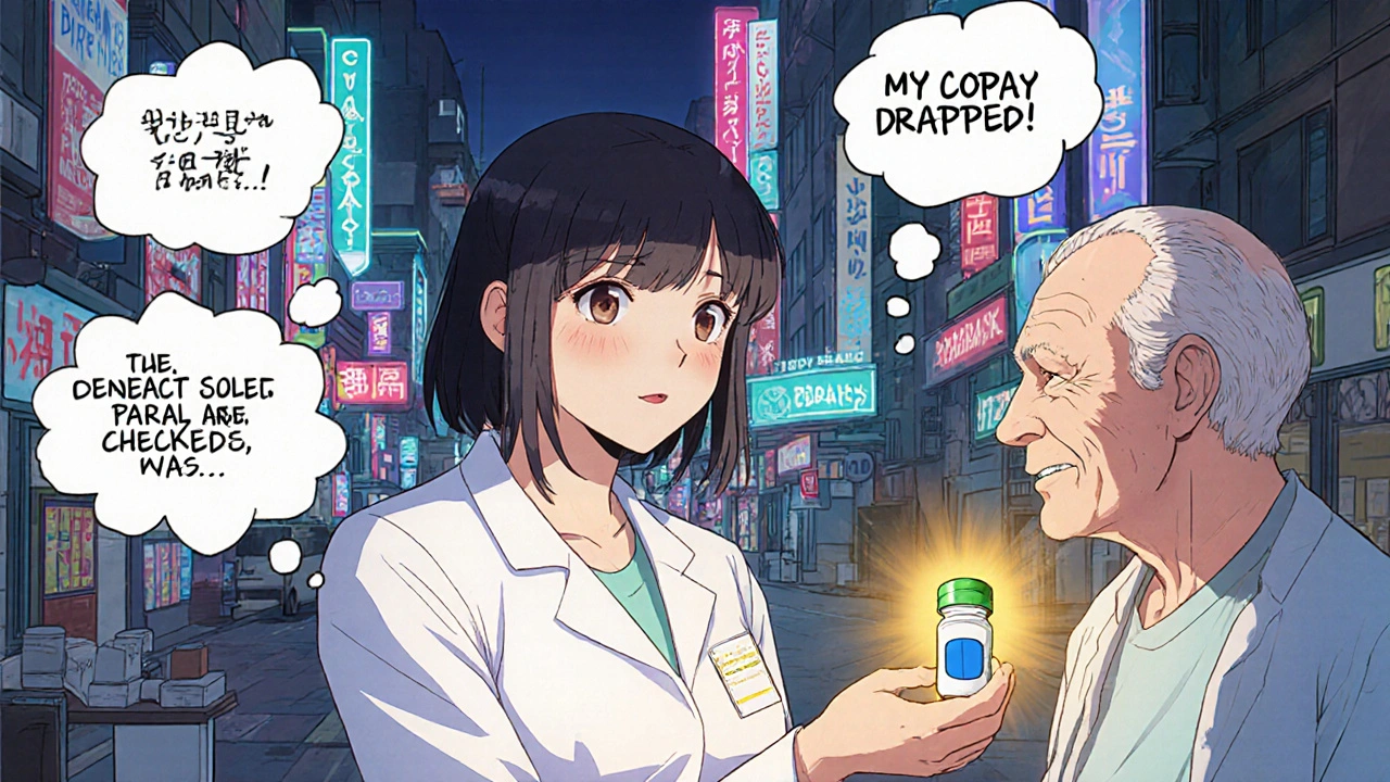 Pharmacist handing a generic pill to an elderly patient, with thought bubbles showing concerns and reassurance.