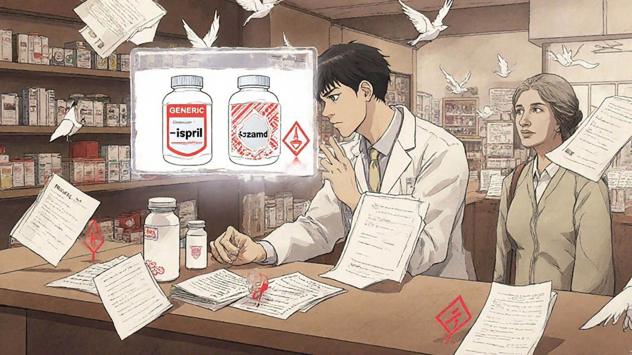 Pharmacist pauses between generic and brand pill bottles, with drug naming safety rules glowing above them.