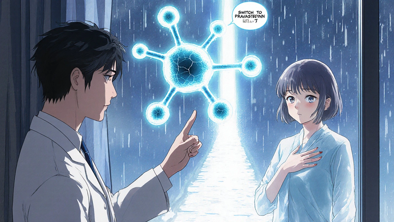 Rheumatologist explaining statin effects beside a Sjögren’s patient, molecular diagram and pravastatin path glowing.