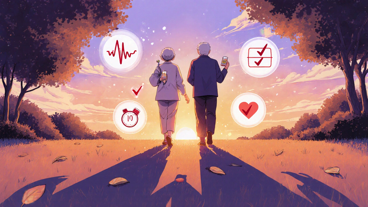 Senior couple walking in a park, shadows shaped like health icons, holding single pill bottles at sunset.
