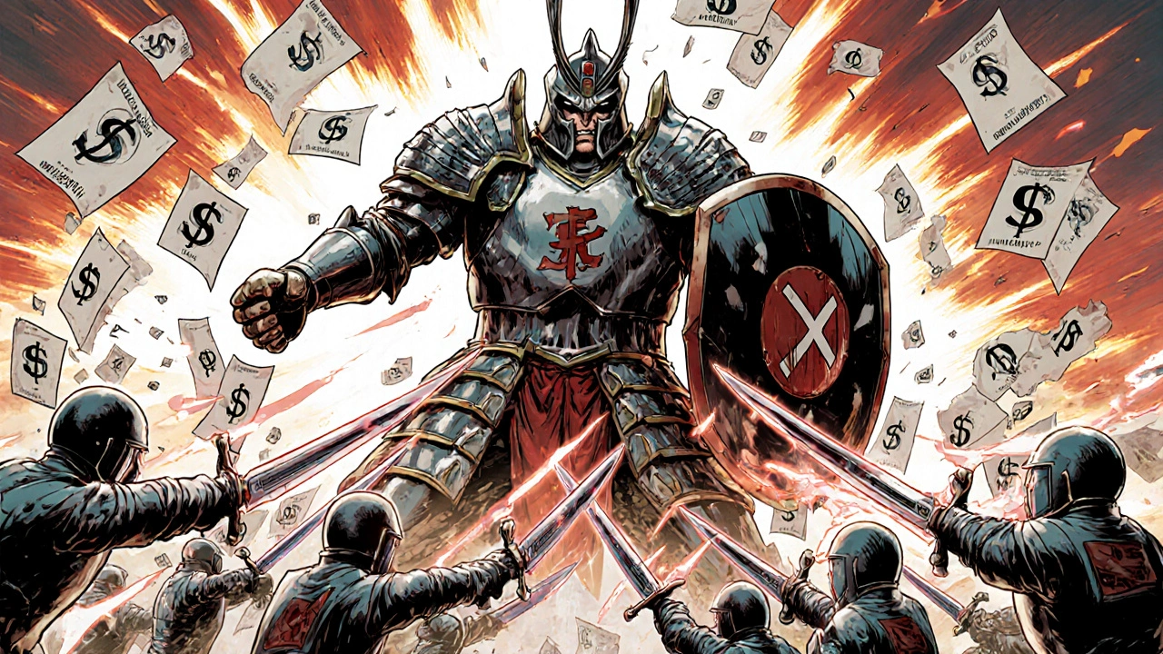 Sleek generic soldiers defeating a giant brand-name drug warrior in a battle of prices and patents.