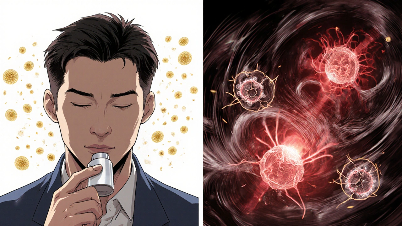 Split illustration showing immune cells attacking tear and salivary glands after atorvastatin intake.