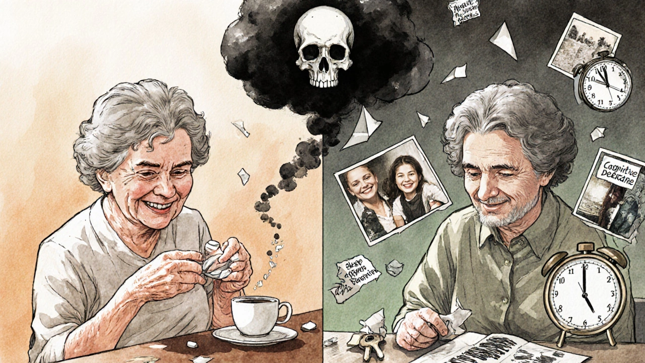 Split image of an elderly woman before and after long-term sedative use, with fading memories and a toxic skull cloud above.