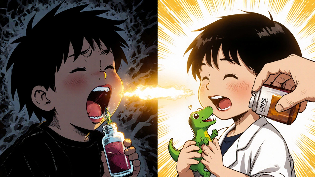 Split scene: child gagging on bitter medicine vs. smiling while taking flavored medicine, showing transformation.