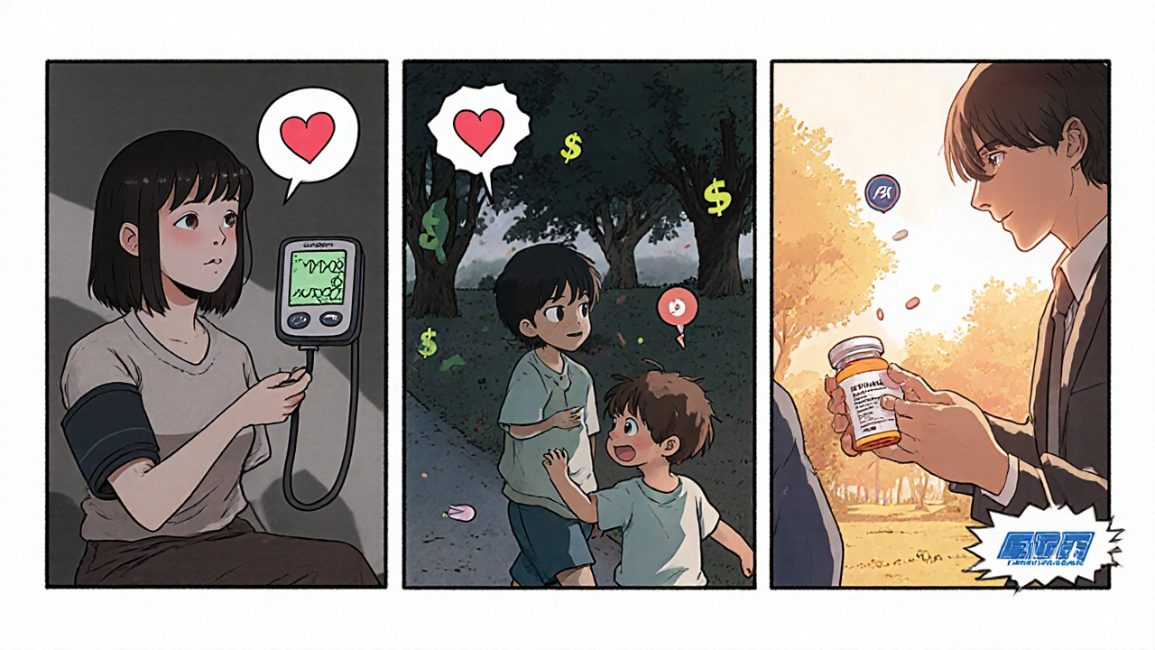 Three-panel visual showing a patient’s life improving after switching to generic medication.