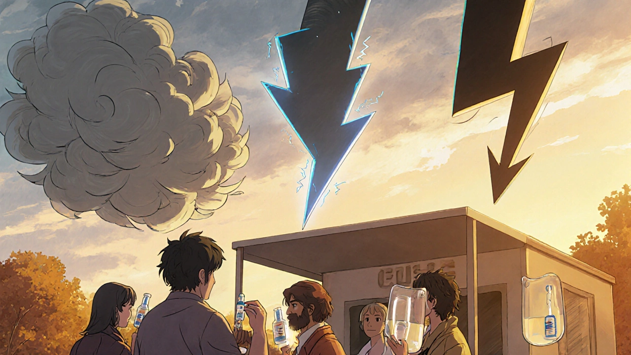 Three stylized virus variants in a stormy sky, with people receiving vaccines below under a golden sunset.