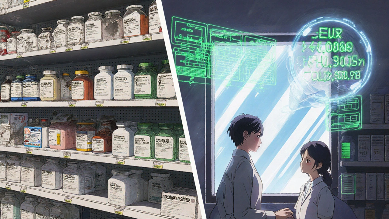 Transformed pharmacy shelf with organized generics and holographic inventory data beside a smiling patient.