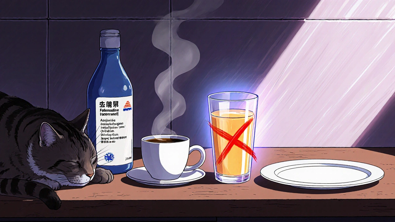 Two allergy pills on a kitchen counter with orange juice marked &#039;X&#039; and a sleeping cat beside one bottle.