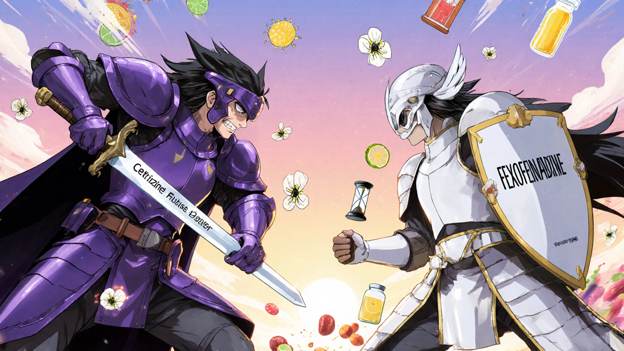 Two anime-style warriors representing cetirizine and fexofenadine in a symbolic battle against allergy triggers.