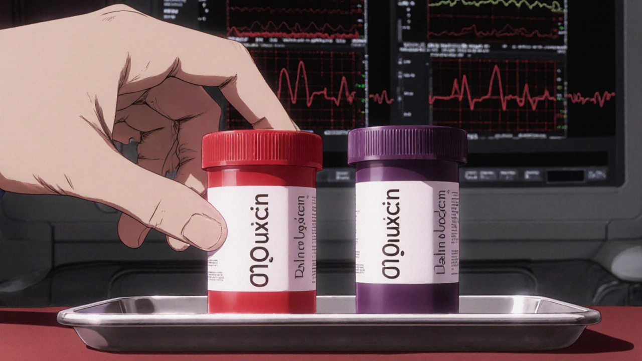 Two chemotherapy pills side by side with faint tall-man lettering, hand reaching toward them, monitors showing flatline.