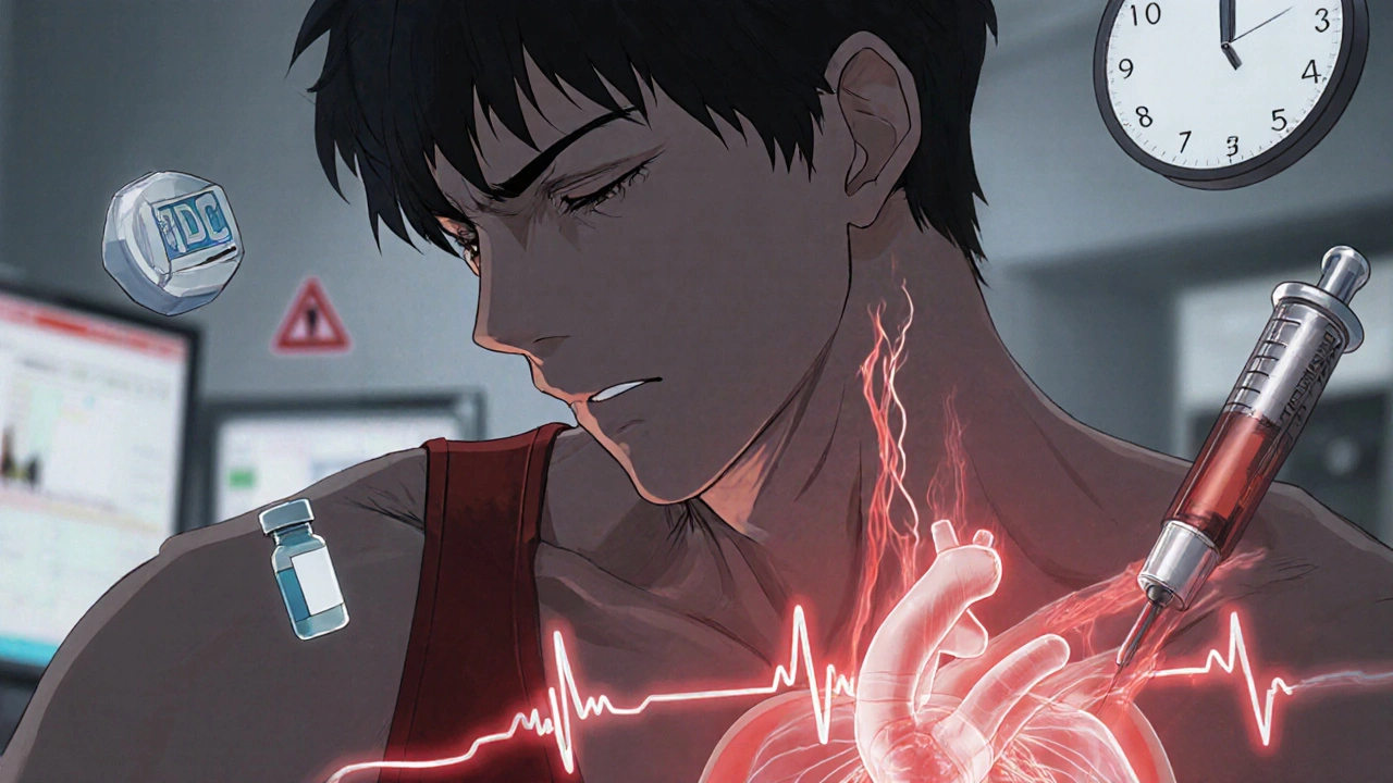 Young man with inflamed heart tissue after vaccination, medical icons floating nearby