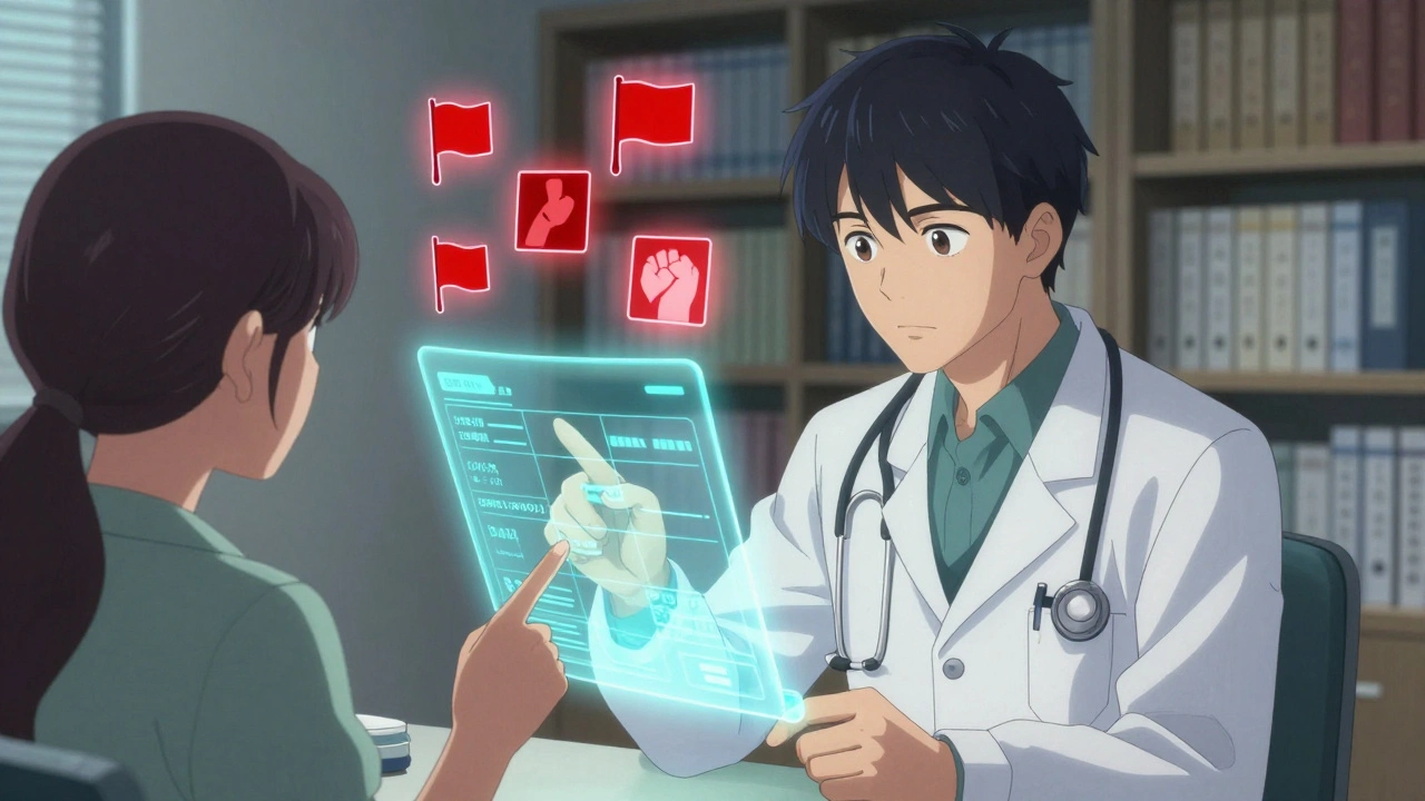 A doctor and patient reviewing a glowing digital symptom diary with warning icons floating nearby.