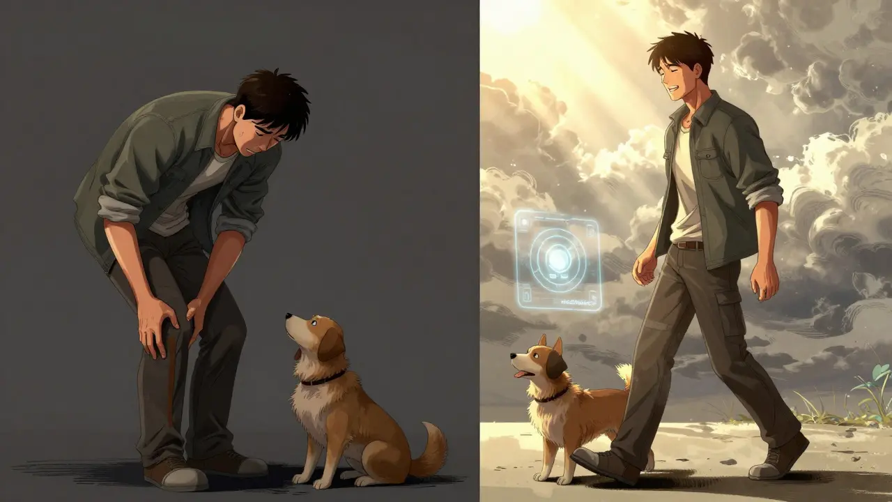 A man once in pain now walks confidently with his dog, symbolizing relief after a second medical opinion.