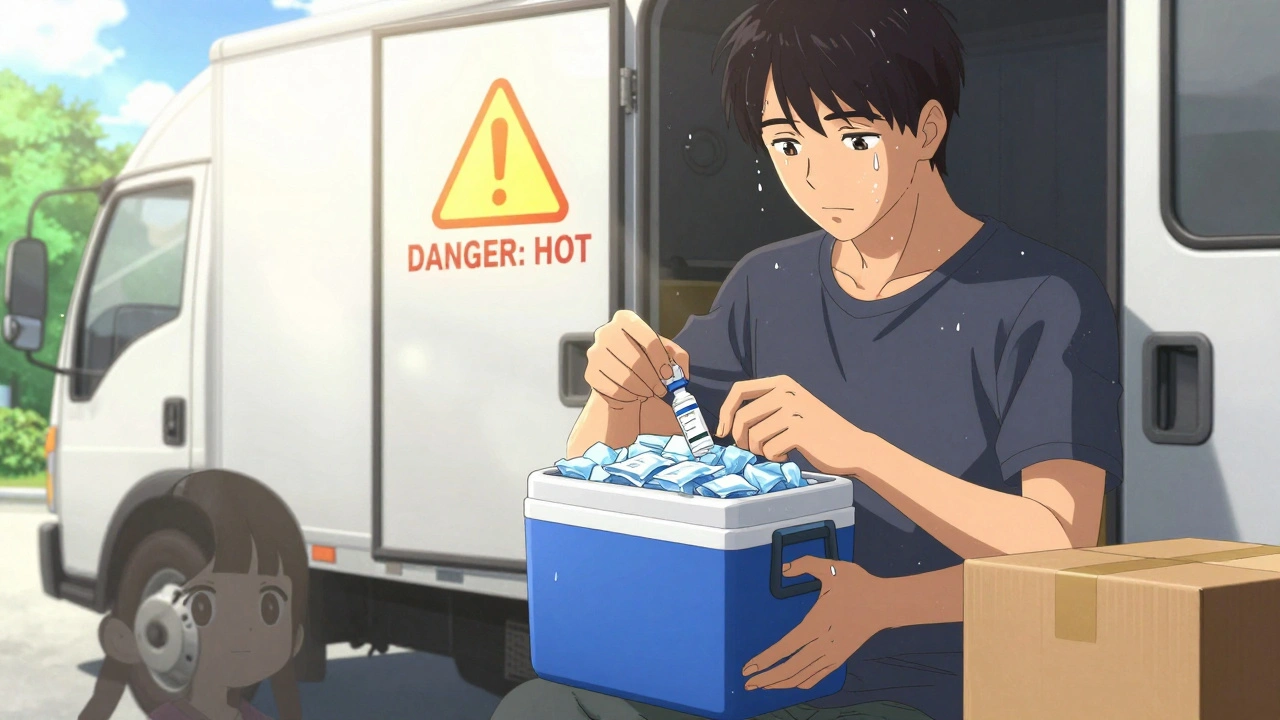 A person carefully stores insulin in a cooler with ice packs beside a hot moving truck, warning icon glowing above.
