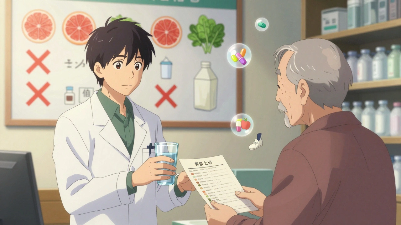 A pharmacist advising an older patient with visual food-medication interaction charts in a cozy pharmacy.
