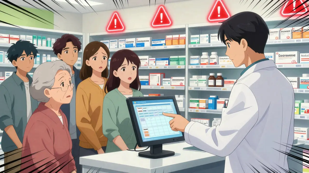 A pharmacist explaining drug interactions to patients in a brightly lit UK pharmacy.
