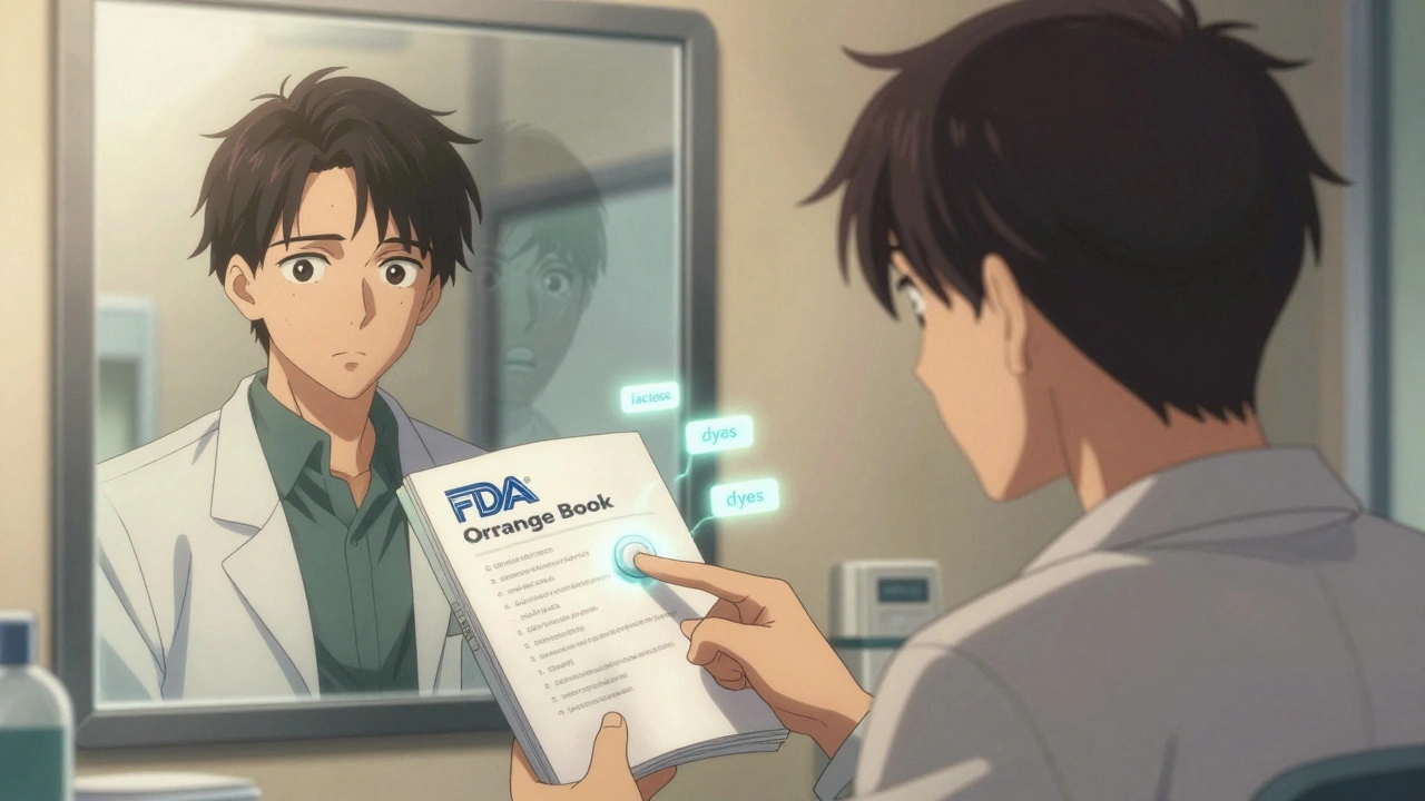 A pharmacist points to an FDA Orange Book while a patient sees fading side-effect shadows in a mirror.