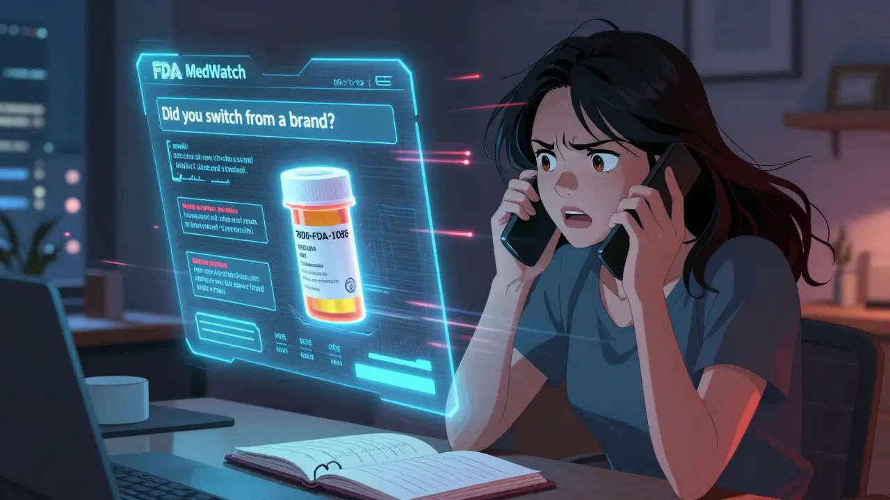 A woman making an urgent call to report side effects, with a digital FDA form glowing beside her.