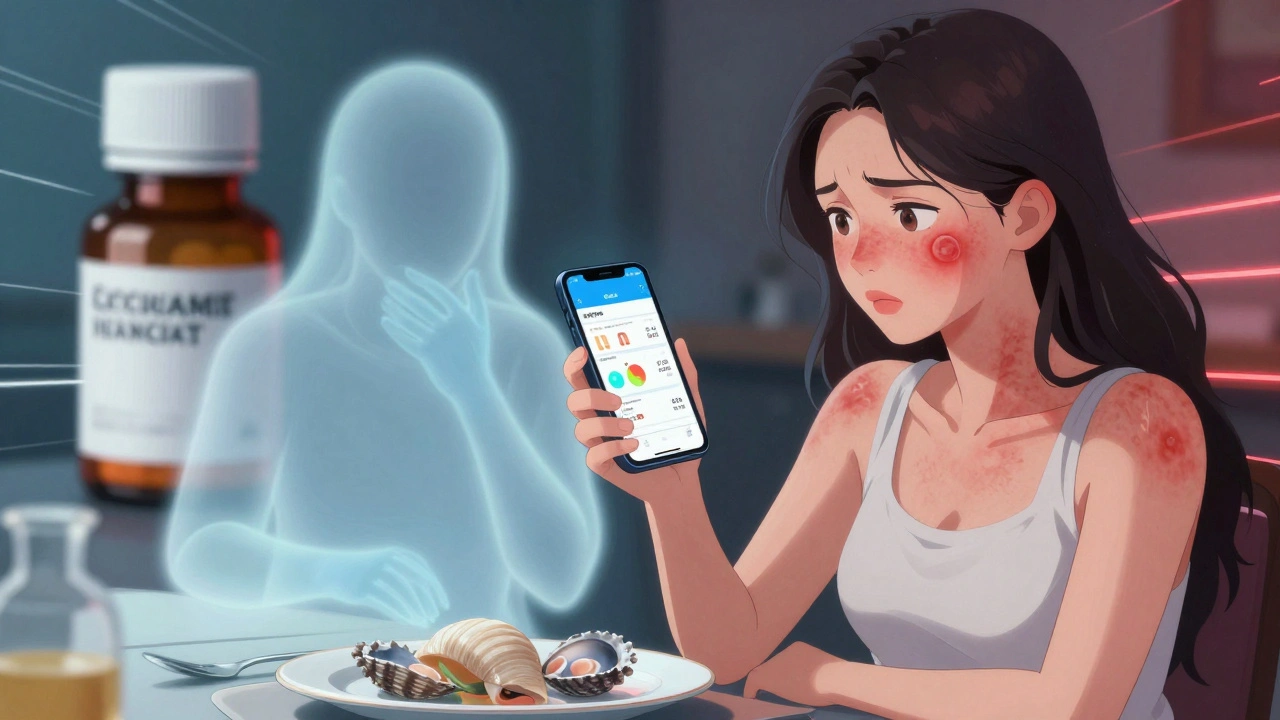 A woman realizing her rash is linked to shellfish, not her medication, while using a tracking app.