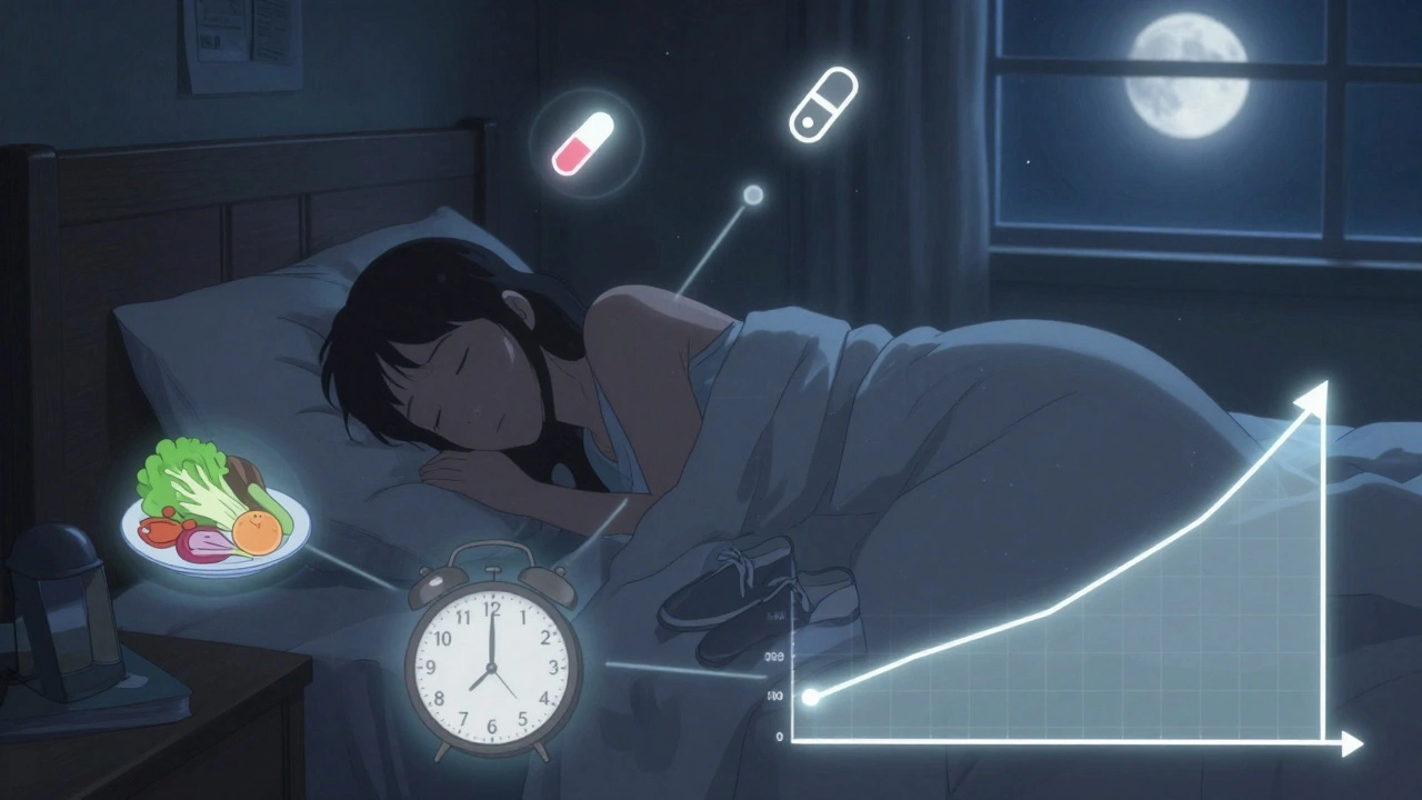 A woman sleeping peacefully with glowing overlays of healthy habits improving her medication outcomes.