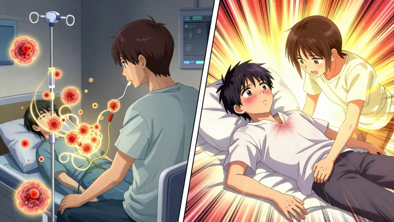 Cancer patient undergoing desensitization, with glowing immune cells repelling drug molecules and a hopeful light replacing past trauma.