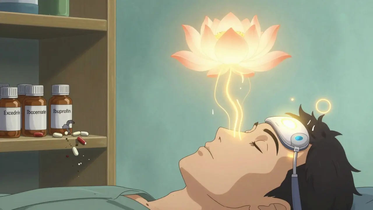 Cefaly device emitting neural pulses while old pill bottles crumble, surrounded by calming meditation aura.