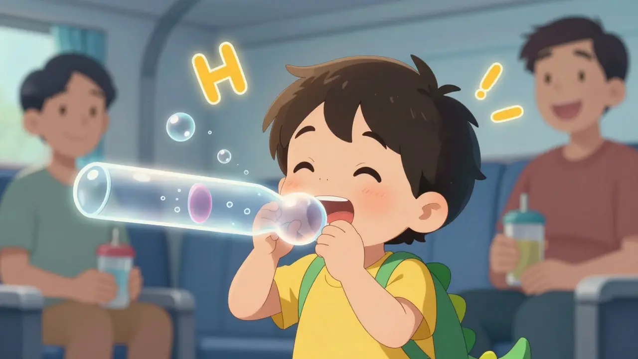 Child chewing gum and wiggling jaw to equalize ear pressure during airplane descent.