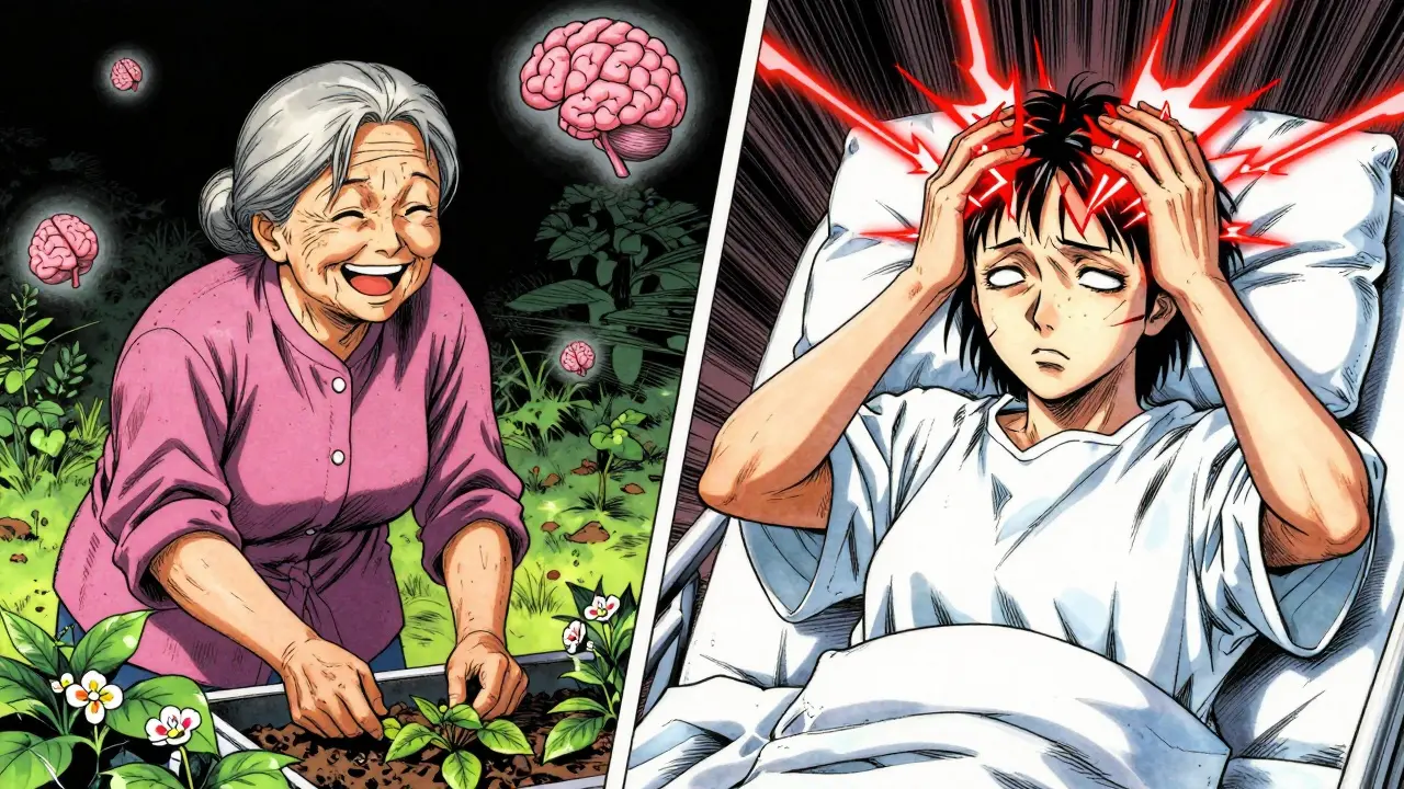 Contrast of healthy elderly woman gardening versus same woman in hospital with brain toxicity symptoms.