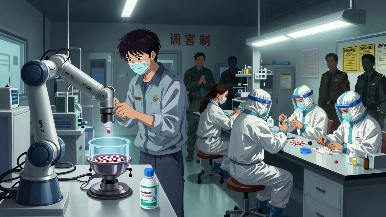 Contrasting pharmaceutical labs in China and India, with regulators and warning letters looming in the background.