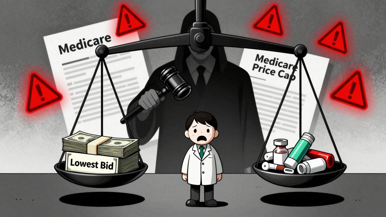 Courtroom scale with cheap cash vs expired medicine, shadowy policy document looming.