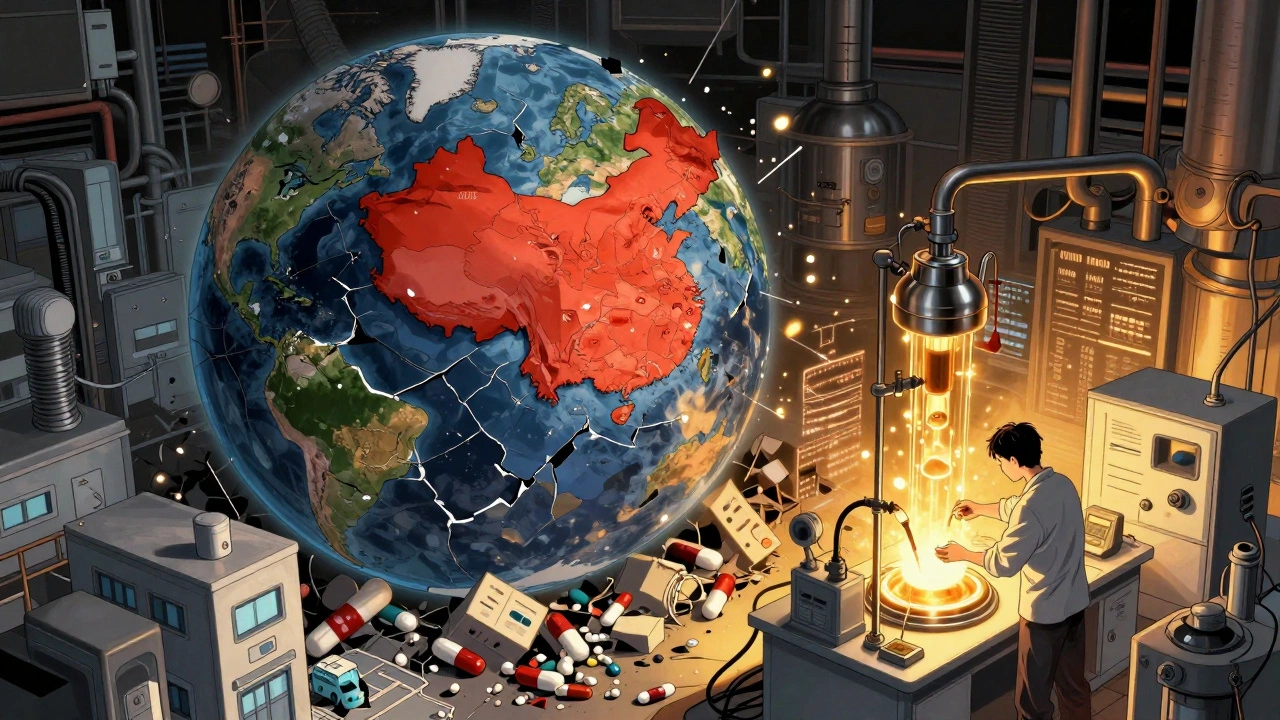 Cracked globe with crumbling drug factories, worker in lab surrounded by AI data streams.