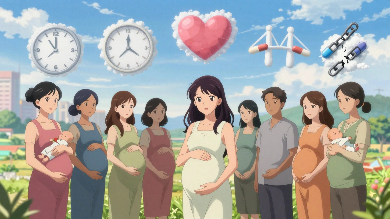 Diverse group of pregnant women in support circle, surrounded by symbols of care and recovery.