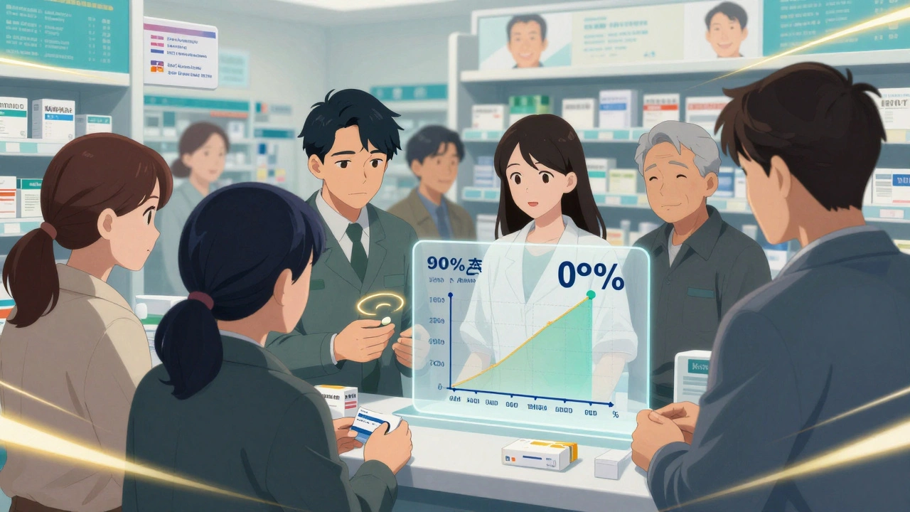Diverse patients receive generic prescriptions with a glowing NTI halo around warfarin and data streams showing safety.